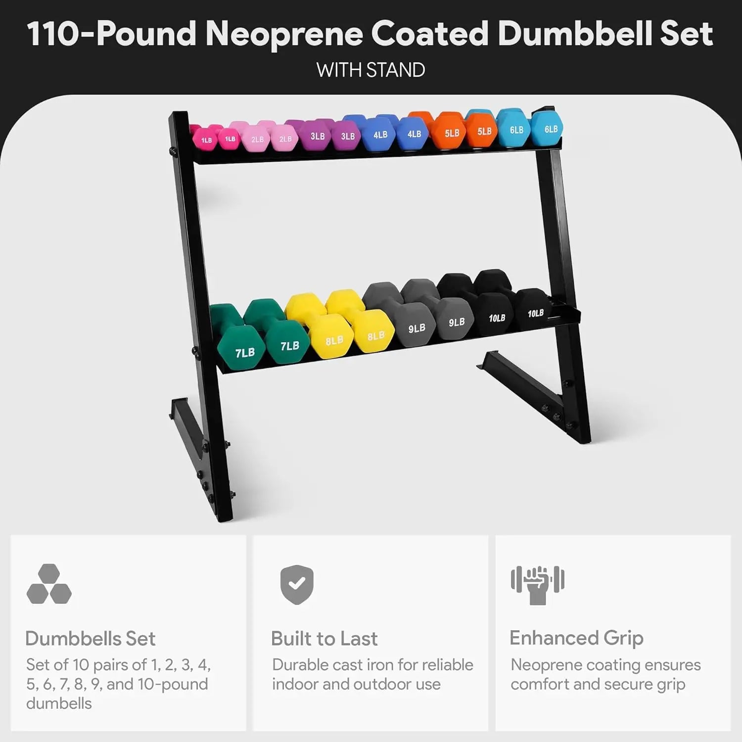 Neoprene Dumbbell Set with Stand – 110LB X-Elite Multi-Color (10 Pairs)