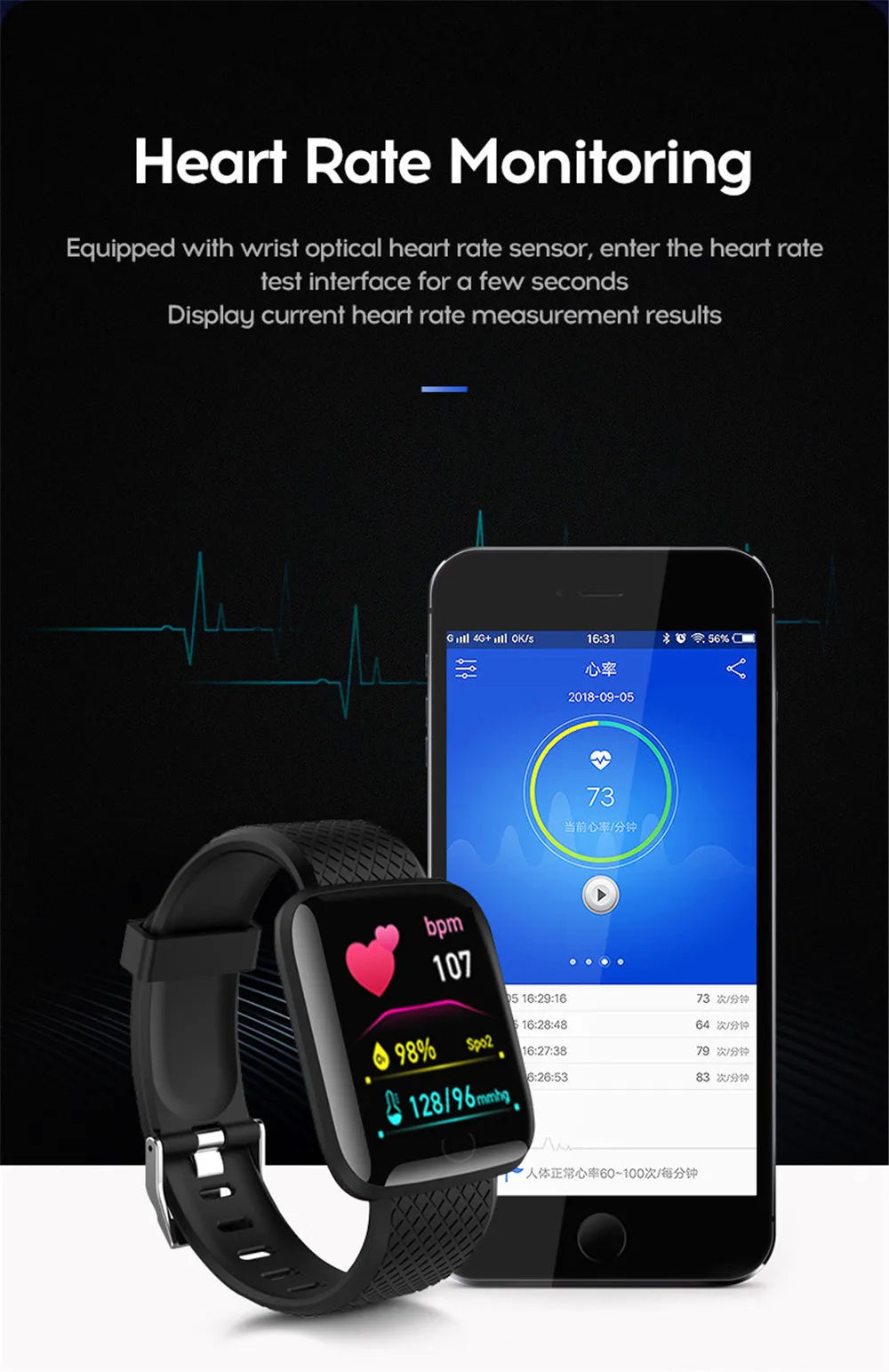 Smart Fitness Watch with Bluetooth, Pedometer, and Music Control – Model 116