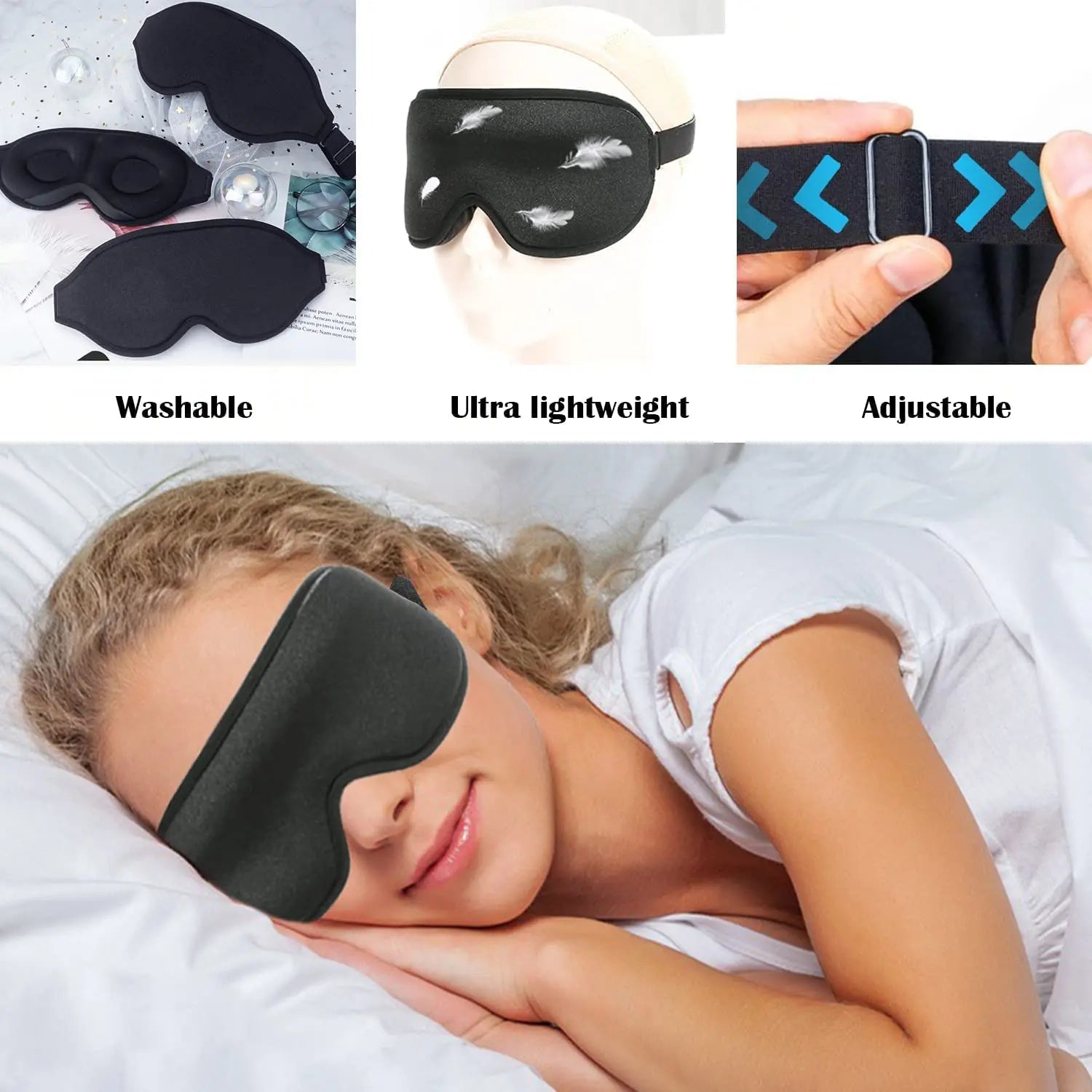 3D Contoured Sleep Mask with Adjustable Strap – Soft Blackout Eye Mask for Men & Women