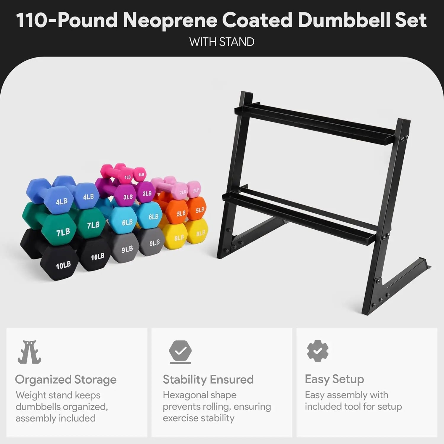 Neoprene Dumbbell Set with Stand – 110LB X-Elite Multi-Color (10 Pairs)
